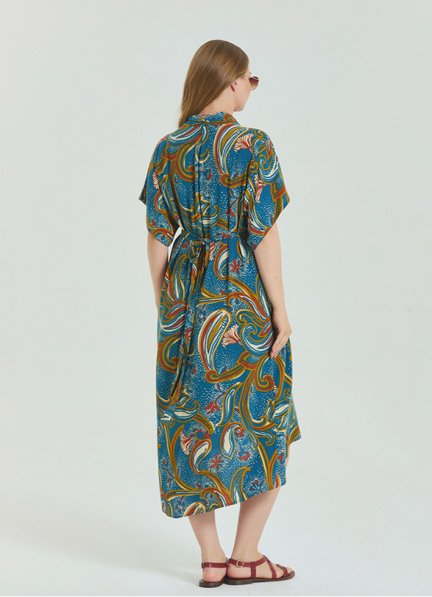V Neck Gathered Detailed Petrol Floral Plus Size Dress 4604